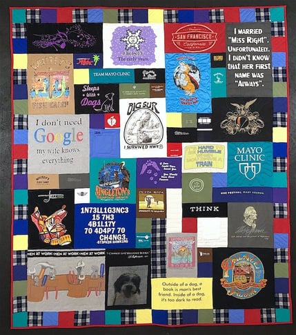 Memorial quilt with plaid and solid color border. by Too Cool T-shirt Quilts